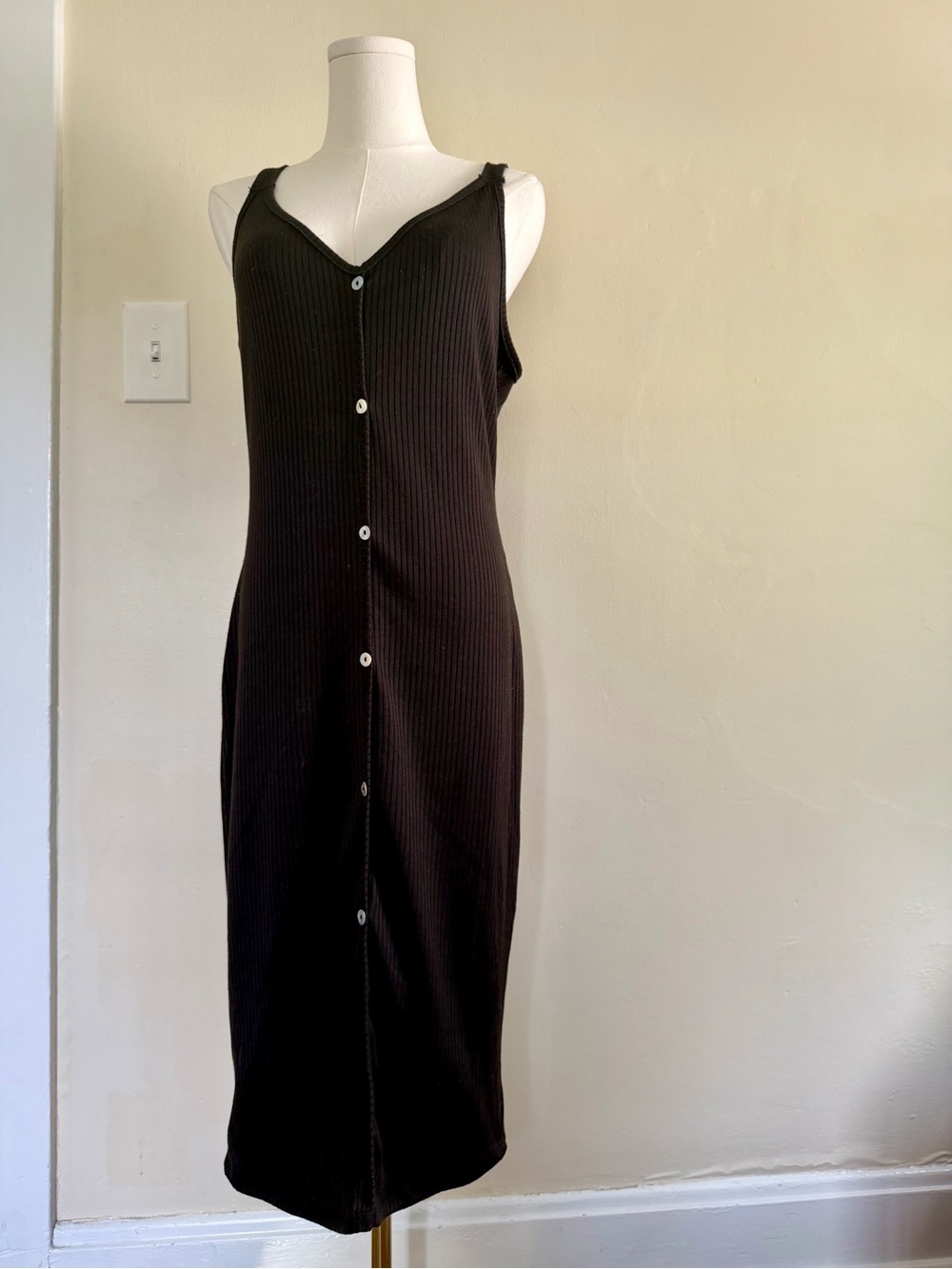 Ribbed Button-Front Black Midi Dress